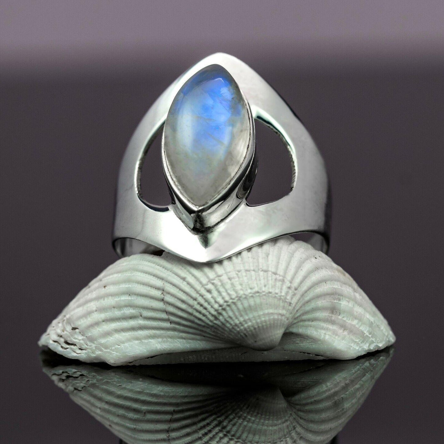 Stylish Marquise Rainbow Moonstone 925 Sterling Silver Gemstone Ring Gift Boxed