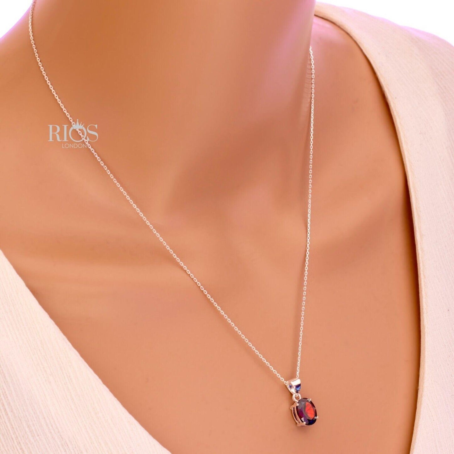 Superb Oval 925 Sterling Silver Pendant Necklace Lab-Created Garnet Gift Boxed - Rios London