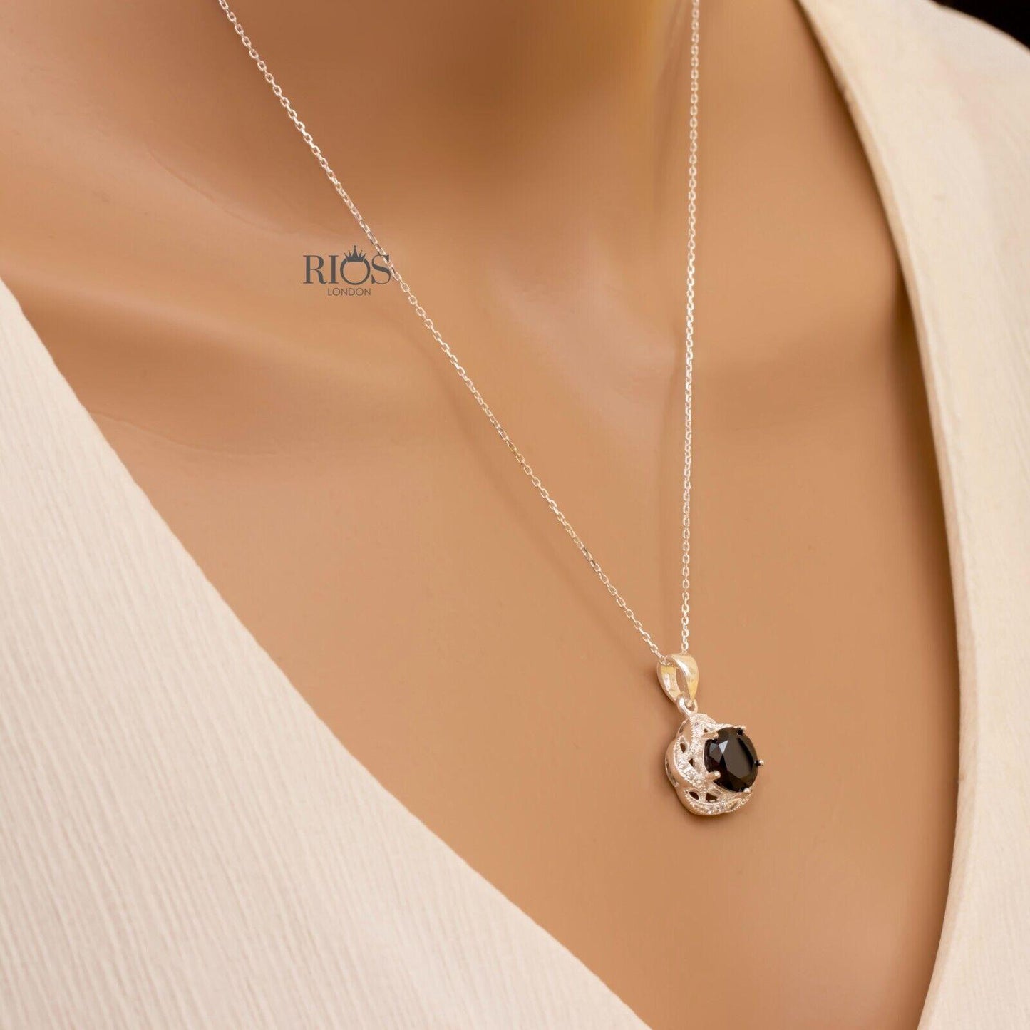 Superb Oval 925 Sterling Silver Pendant Necklace Lab-Created Onyx Gift Boxed - Rios London