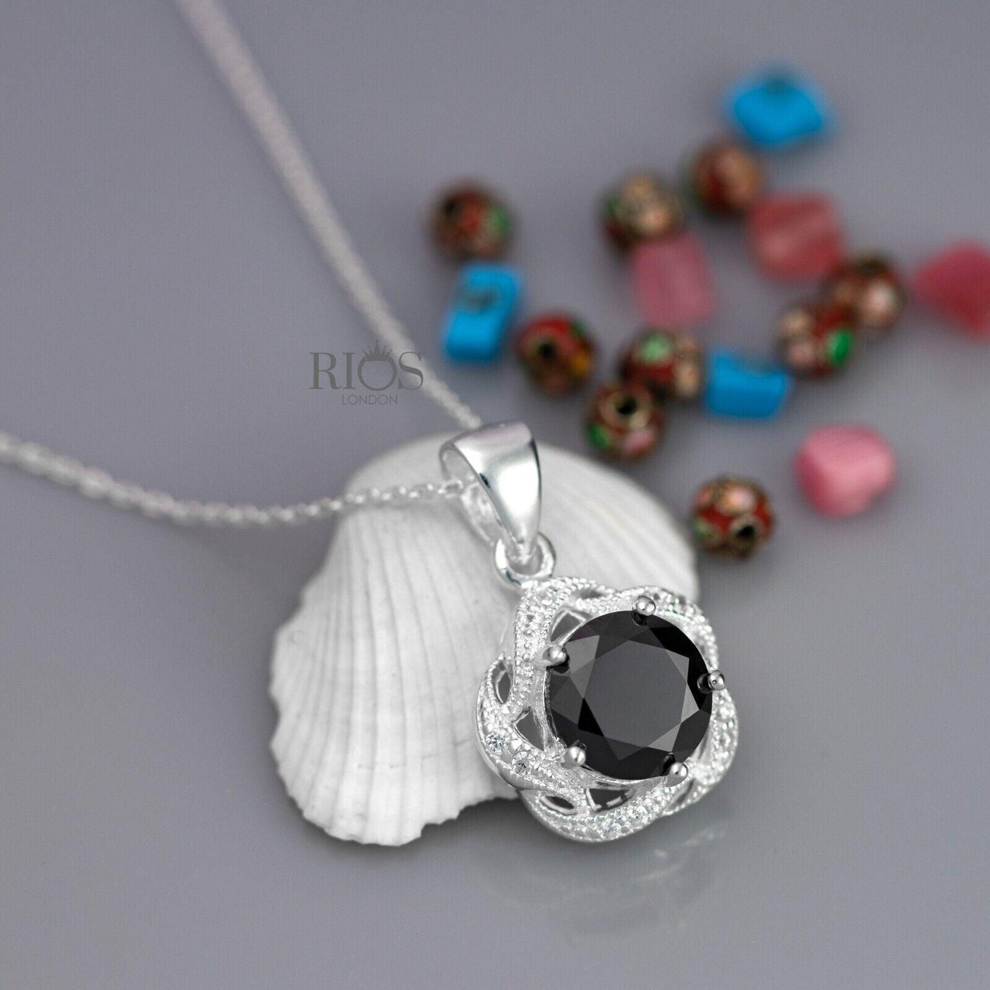 Superb Oval 925 Sterling Silver Pendant Necklace Lab-Created Onyx Gift Boxed - Rios London