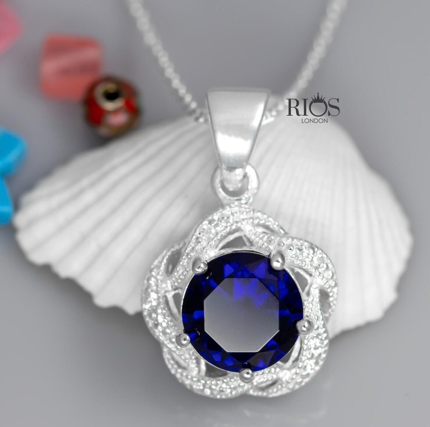Superb Oval 925 Sterling Silver Pendant Necklace Lab-Created Sapphire Gift Boxed - Rios London
