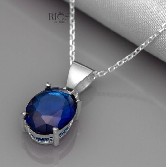 Superb Oval 925 Sterling Silver Pendant Necklace Lab-Created Sapphire Gift Boxed - Rios London