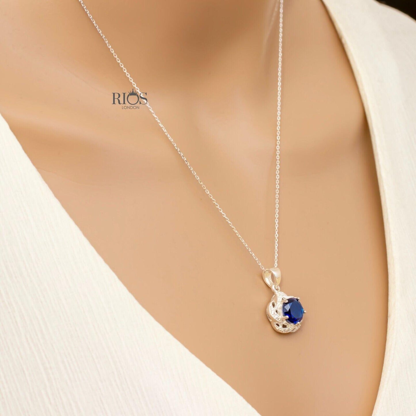 Superb Oval 925 Sterling Silver Pendant Necklace Lab-Created Sapphire Gift Boxed - Rios London