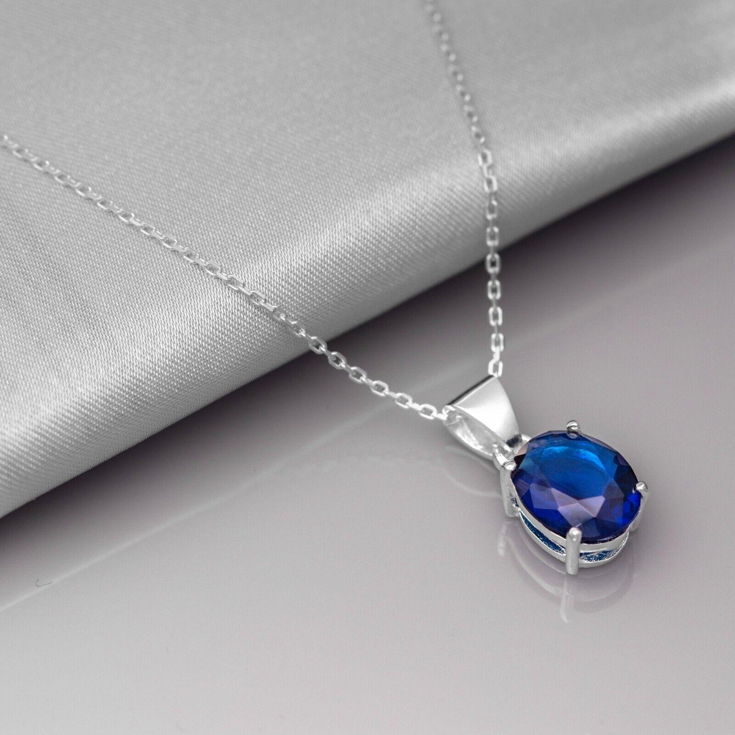 Superb Oval 925 Sterling Silver Pendant Necklace Lab-Created Sapphire Gift Boxed - Rios London