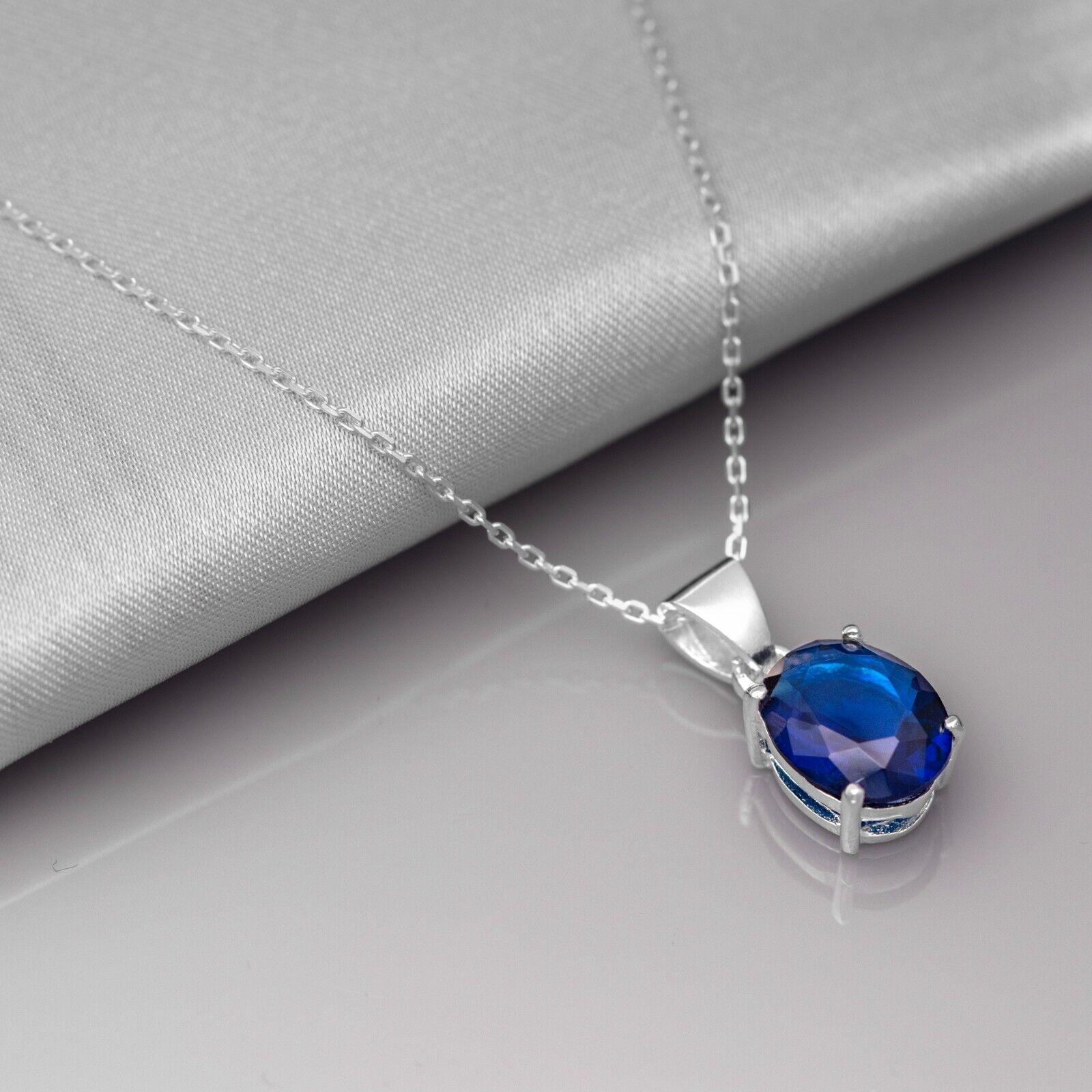 Superb Oval 925 Sterling Silver Pendant Necklace Lab-Created Sapphire Gift Boxed - Rios London