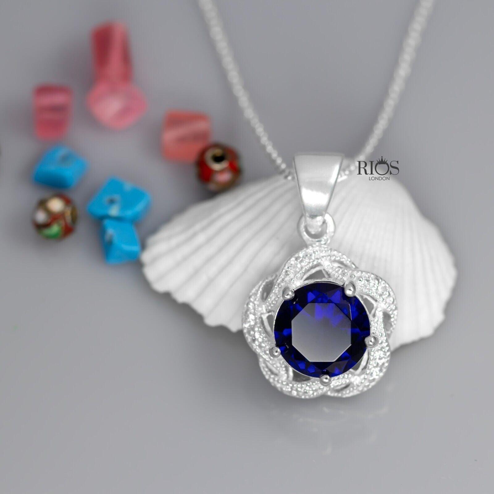 Superb Oval 925 Sterling Silver Pendant Necklace Lab-Created Sapphire Gift Boxed - Rios London
