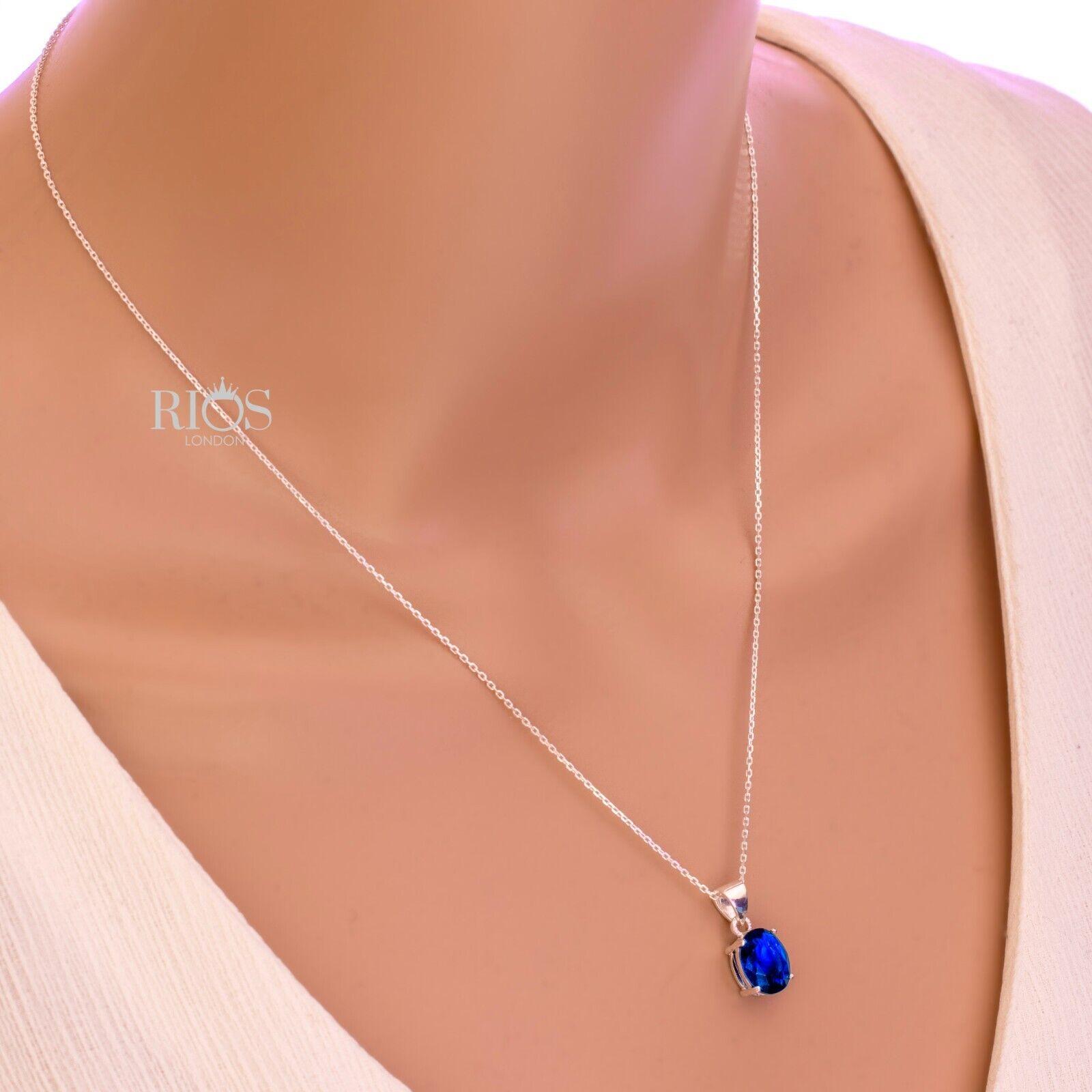 Superb Oval 925 Sterling Silver Pendant Necklace Lab-Created Sapphire Gift Boxed - Rios London