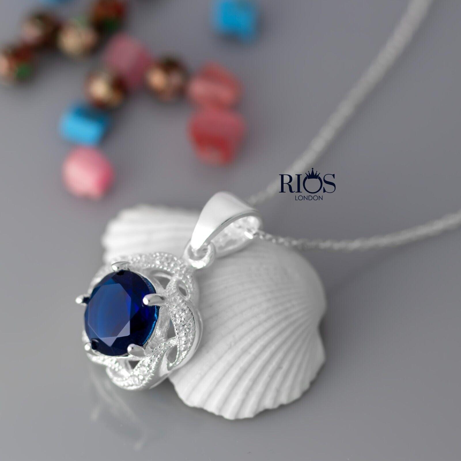 Superb Oval 925 Sterling Silver Pendant Necklace Lab-Created Sapphire Gift Boxed - Rios London