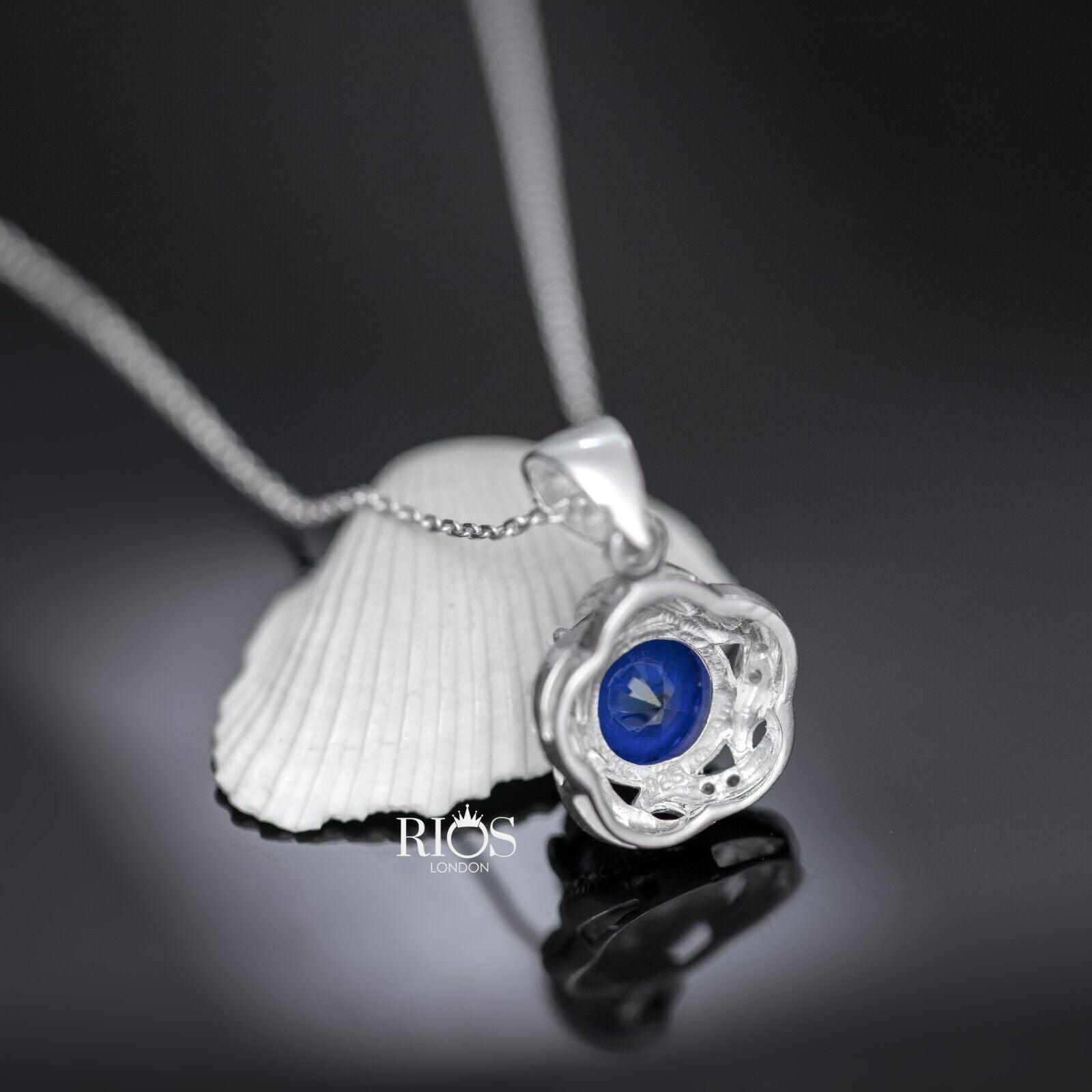 Superb Oval 925 Sterling Silver Pendant Necklace Lab-Created Sapphire Gift Boxed - Rios London