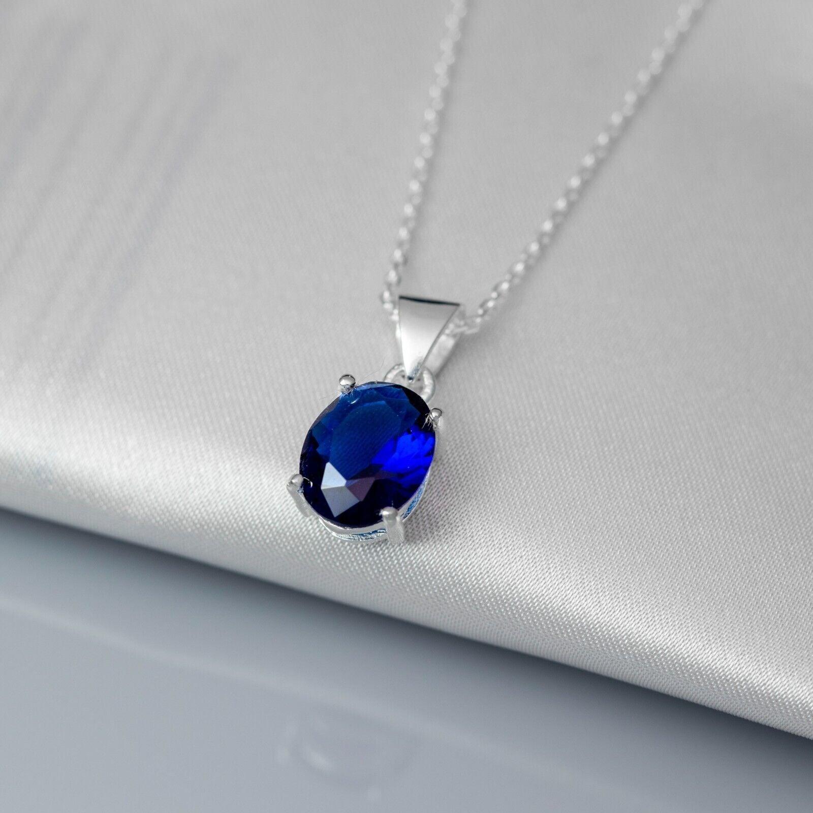 Superb Oval 925 Sterling Silver Pendant Necklace Lab-Created Sapphire Gift Boxed - Rios London