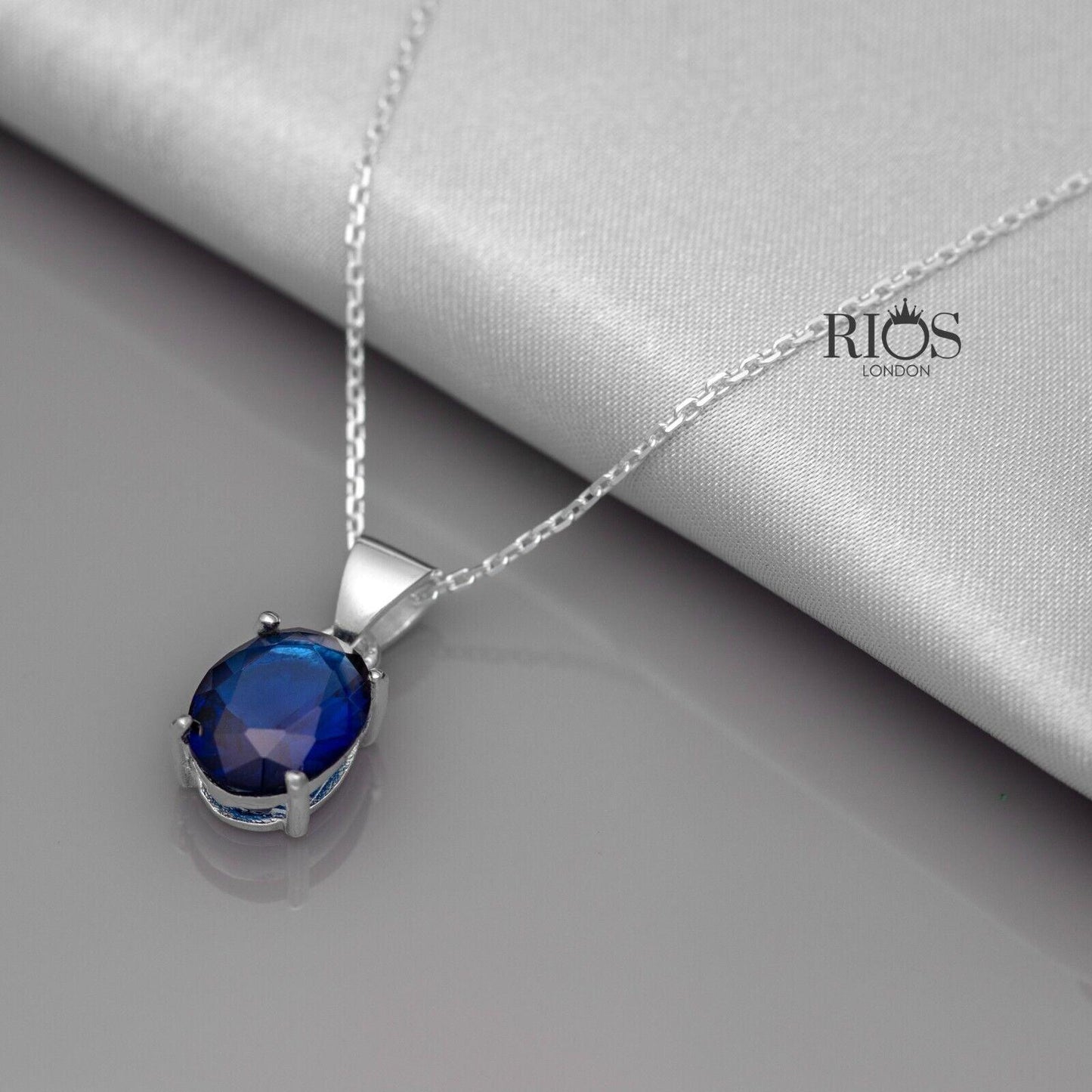 Superb Oval 925 Sterling Silver Pendant Necklace Lab-Created Sapphire Gift Boxed - Rios London
