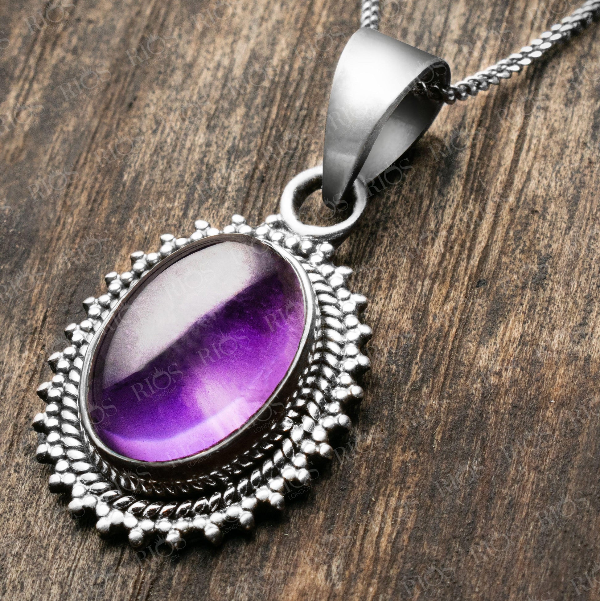 Superb Oval Amethyst 925 Sterling Silver Gemstone Necklace Pendant Gift Boxed - Rios London