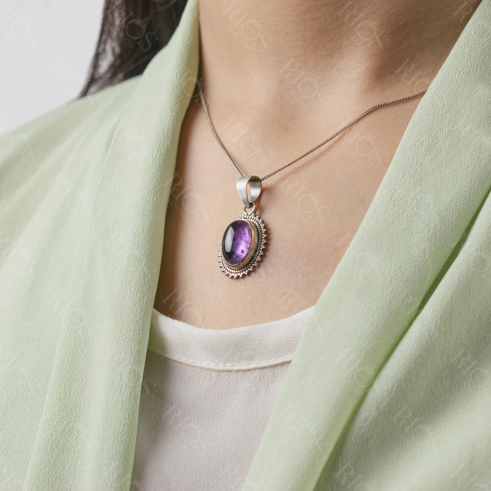 Superb Oval Amethyst 925 Sterling Silver Gemstone Necklace Pendant Gift Boxed - Rios London