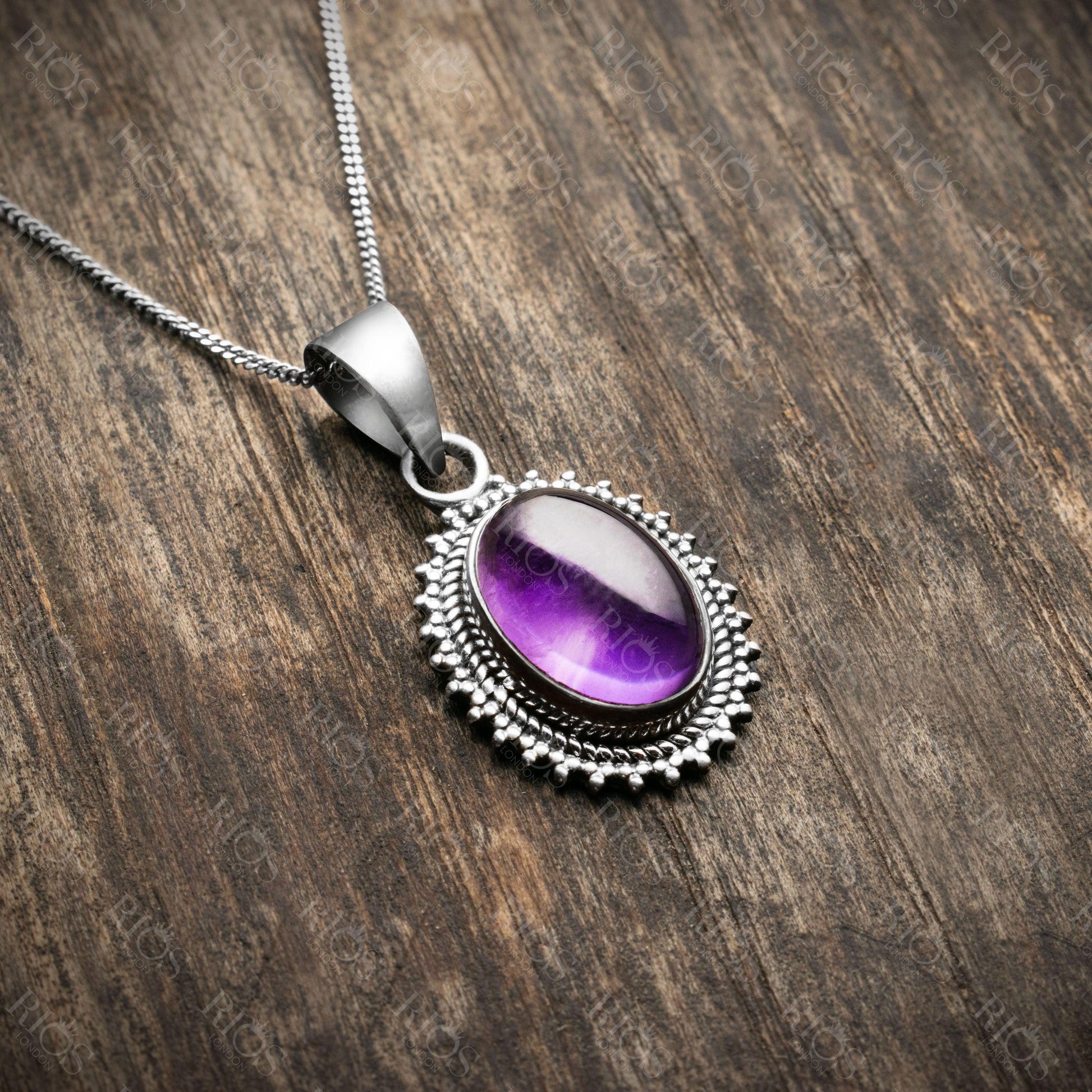 Superb Oval Amethyst 925 Sterling Silver Gemstone Necklace Pendant Gift Boxed - Rios London