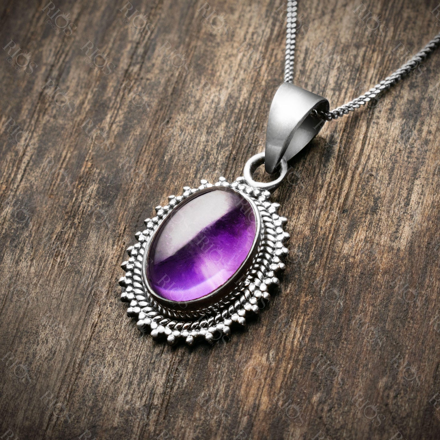 Superb Oval Amethyst 925 Sterling Silver Gemstone Necklace Pendant Gift Boxed - Rios London
