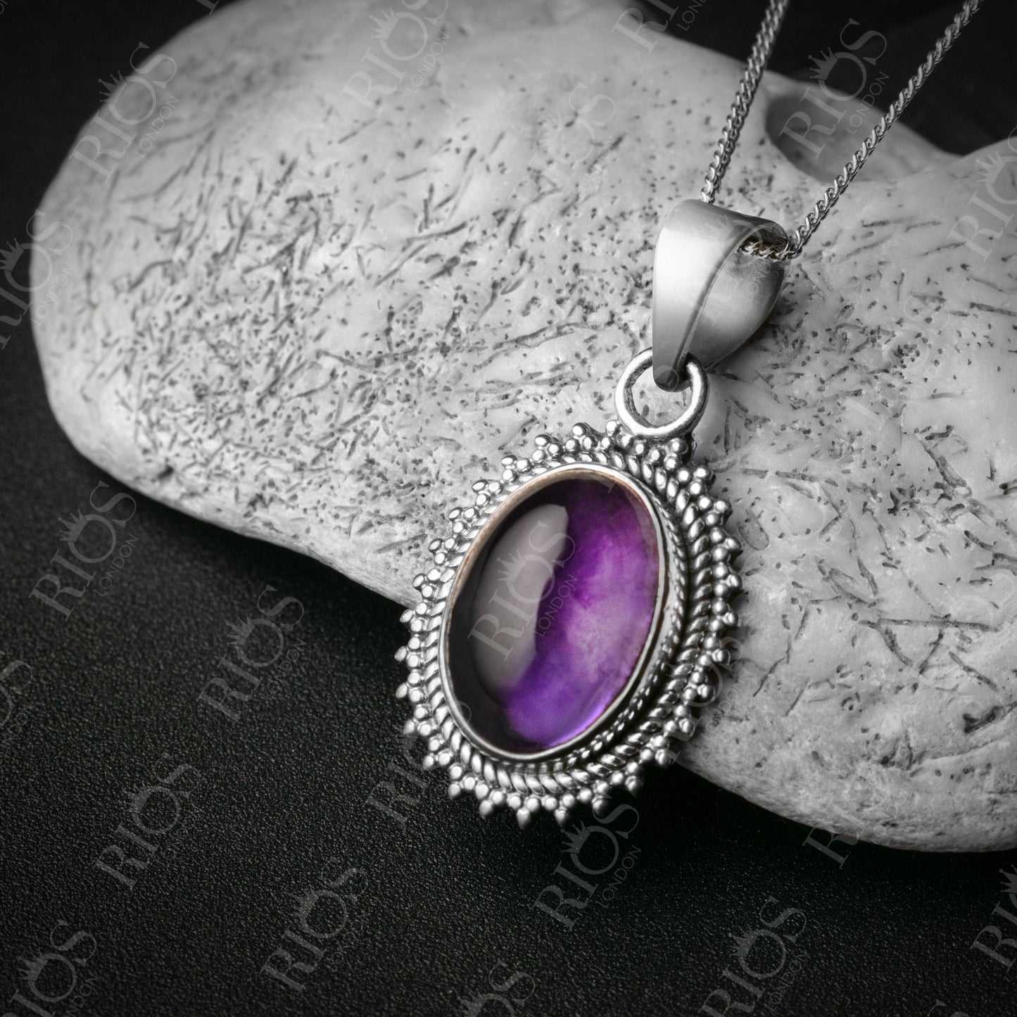 Superb Oval Amethyst 925 Sterling Silver Gemstone Necklace Pendant Gift Boxed - Rios London