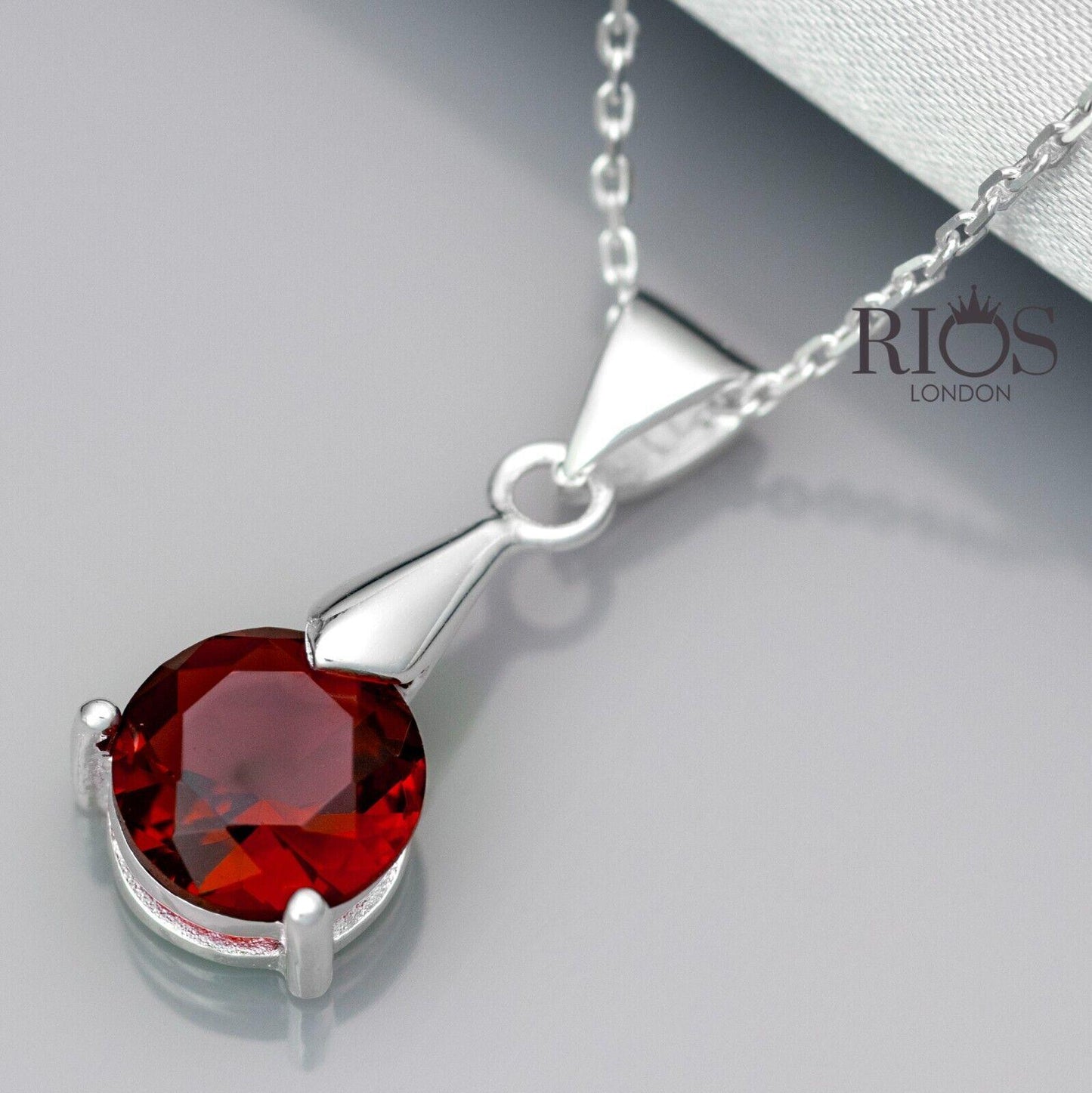 Superb Round 925 Sterling Silver Pendant Necklace Lab-Created Garnet Gift Boxed - Rios London
