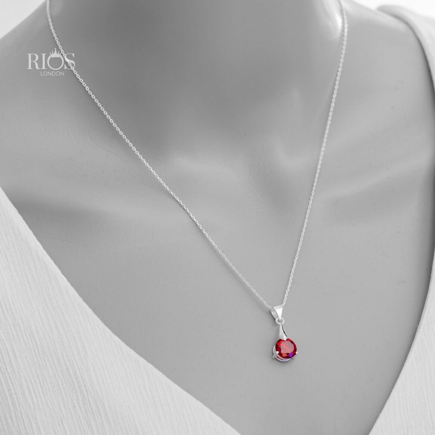 Superb Round 925 Sterling Silver Pendant Necklace Lab-Created Garnet Gift Boxed - Rios London