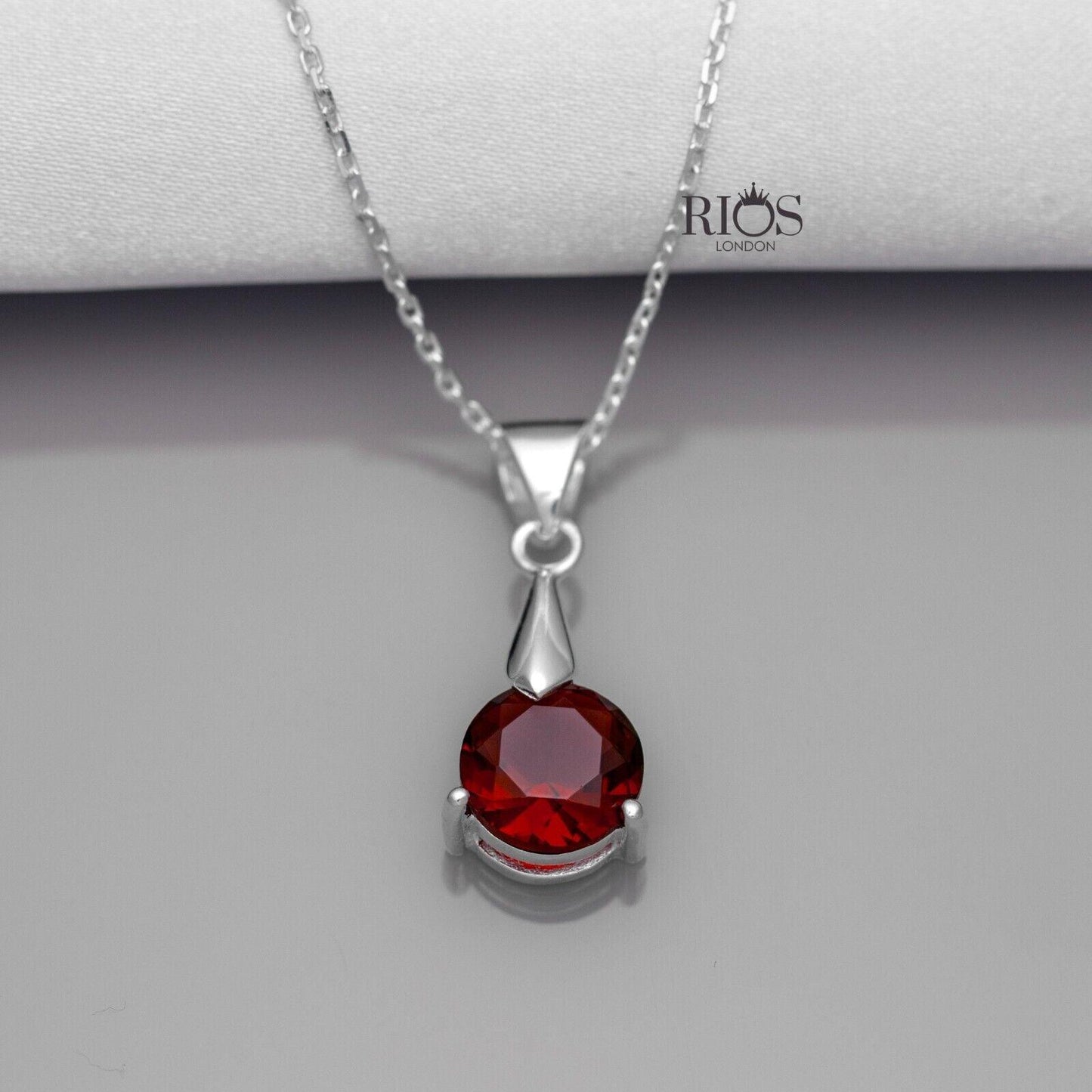 Superb Round 925 Sterling Silver Pendant Necklace Lab-Created Garnet Gift Boxed - Rios London