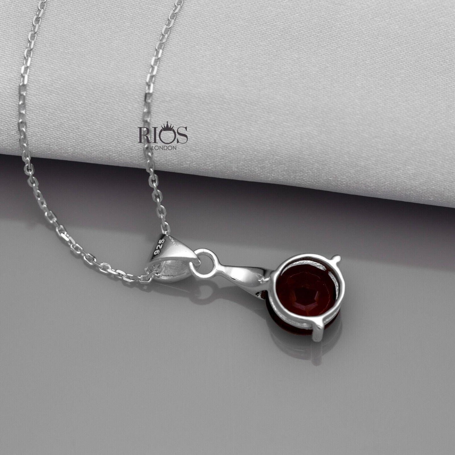 Superb Round 925 Sterling Silver Pendant Necklace Lab-Created Garnet Gift Boxed - Rios London