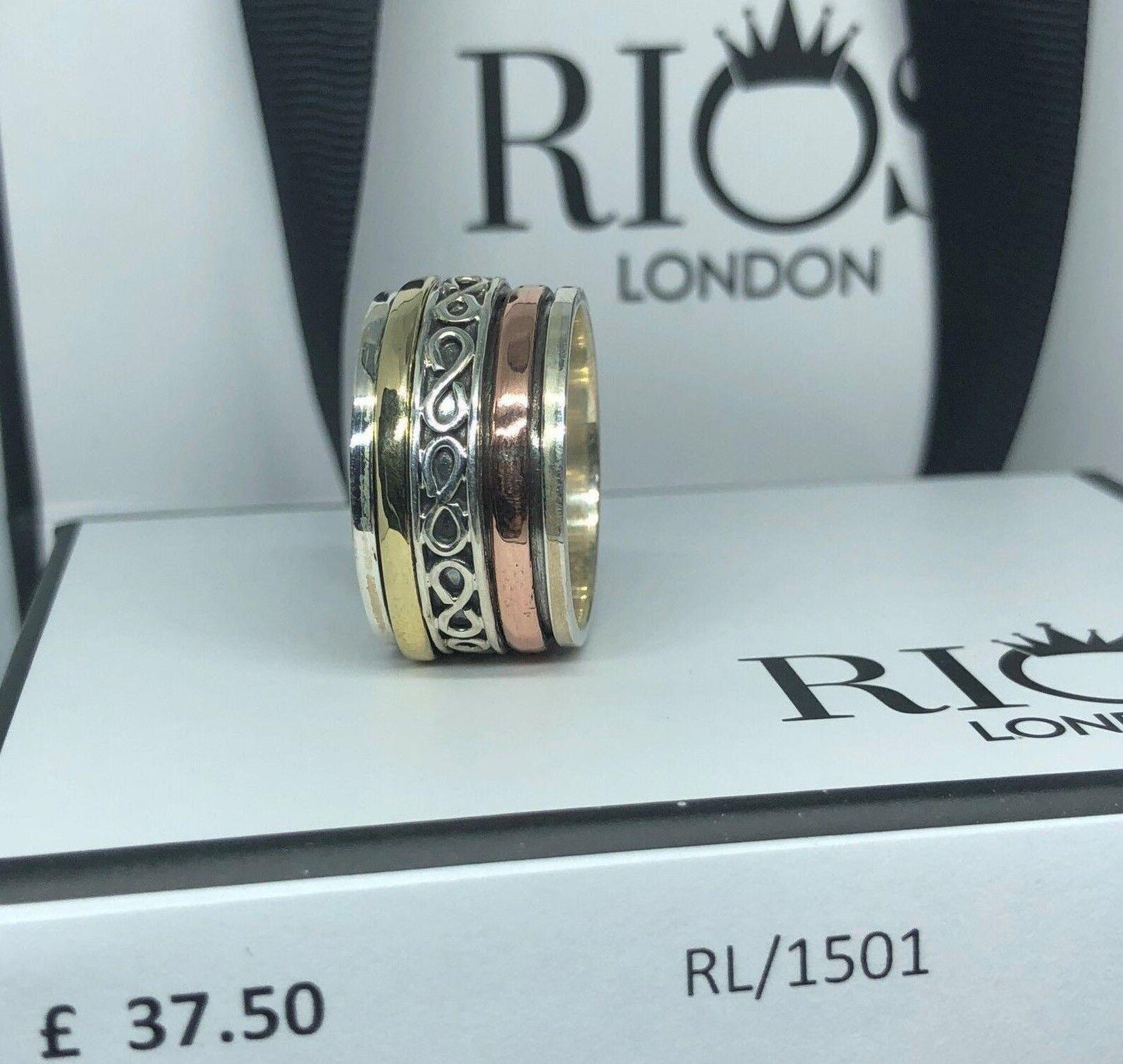 Trendy Spinning 925 Solid Sterling Silver Big spinner Copper Ring Gift Boxed - Rios London