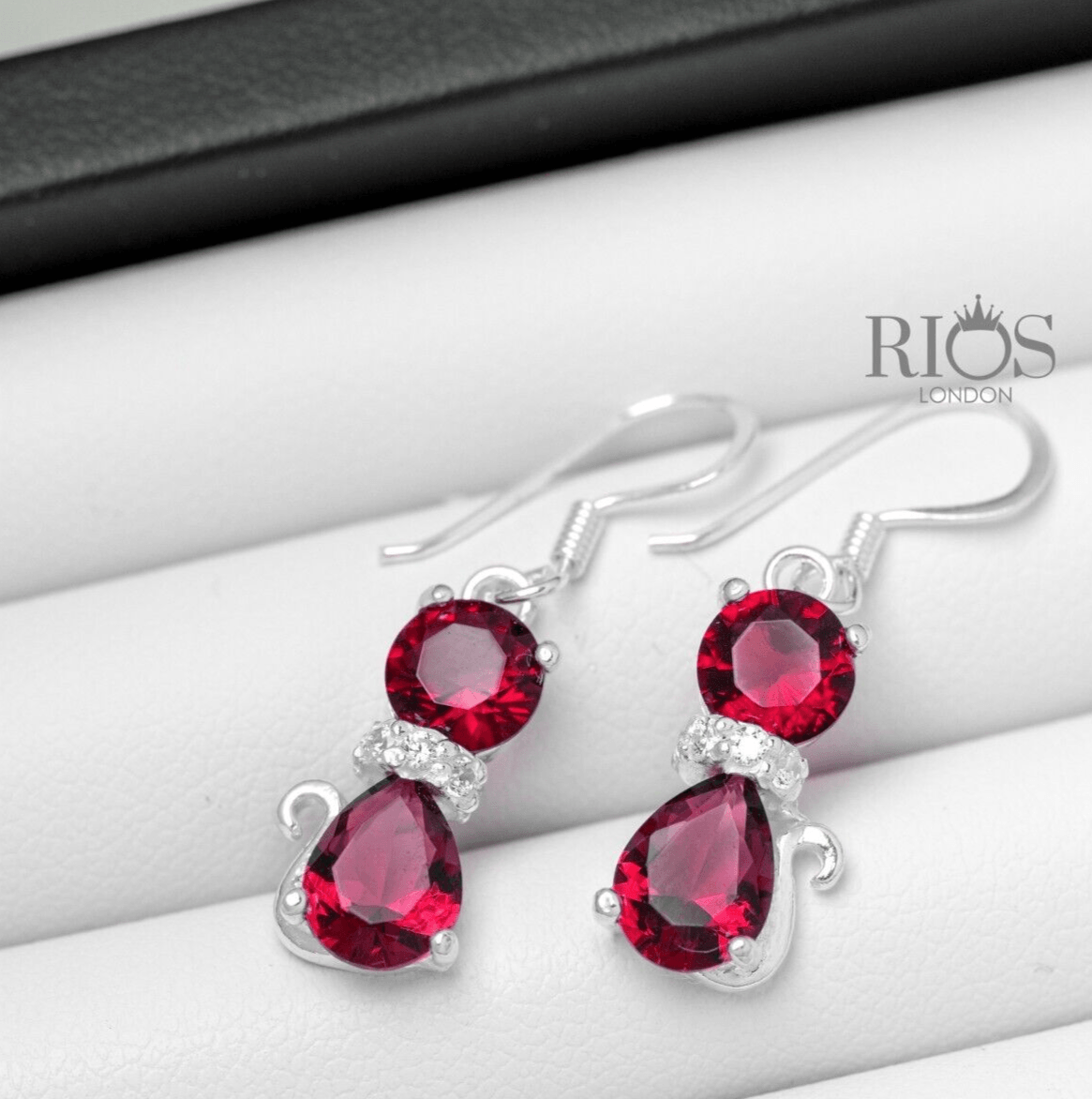 925 Sterling Silver Cat Red Garnet Lab-Created Gemstone Earrings Gift Boxed - Rios London