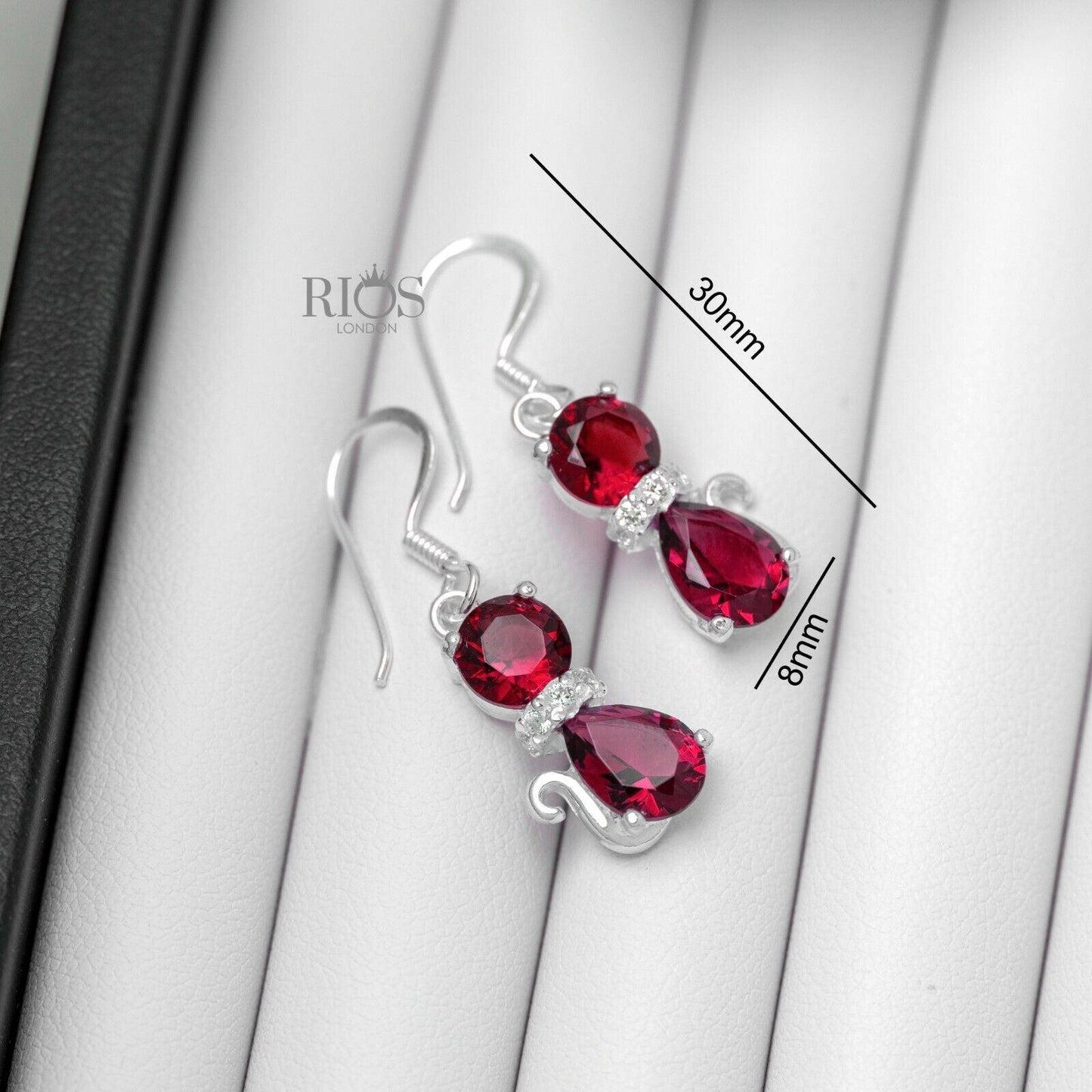 925 Sterling Silver Cat Red Garnet Lab-Created Gemstone Earrings Gift Boxed - Rios London