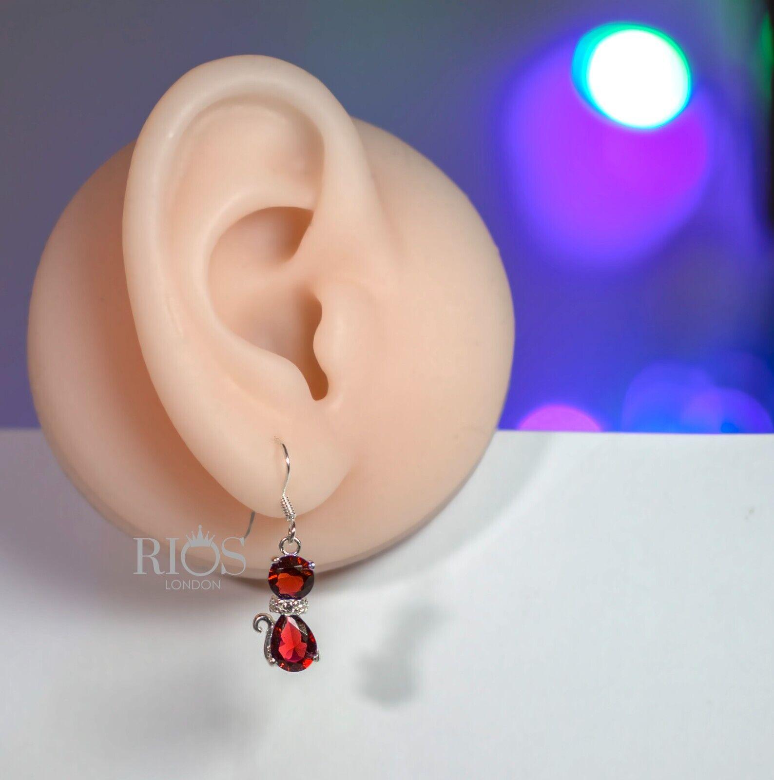 925 Sterling Silver Cat Red Garnet Lab-Created Gemstone Earrings Gift Boxed - Rios London