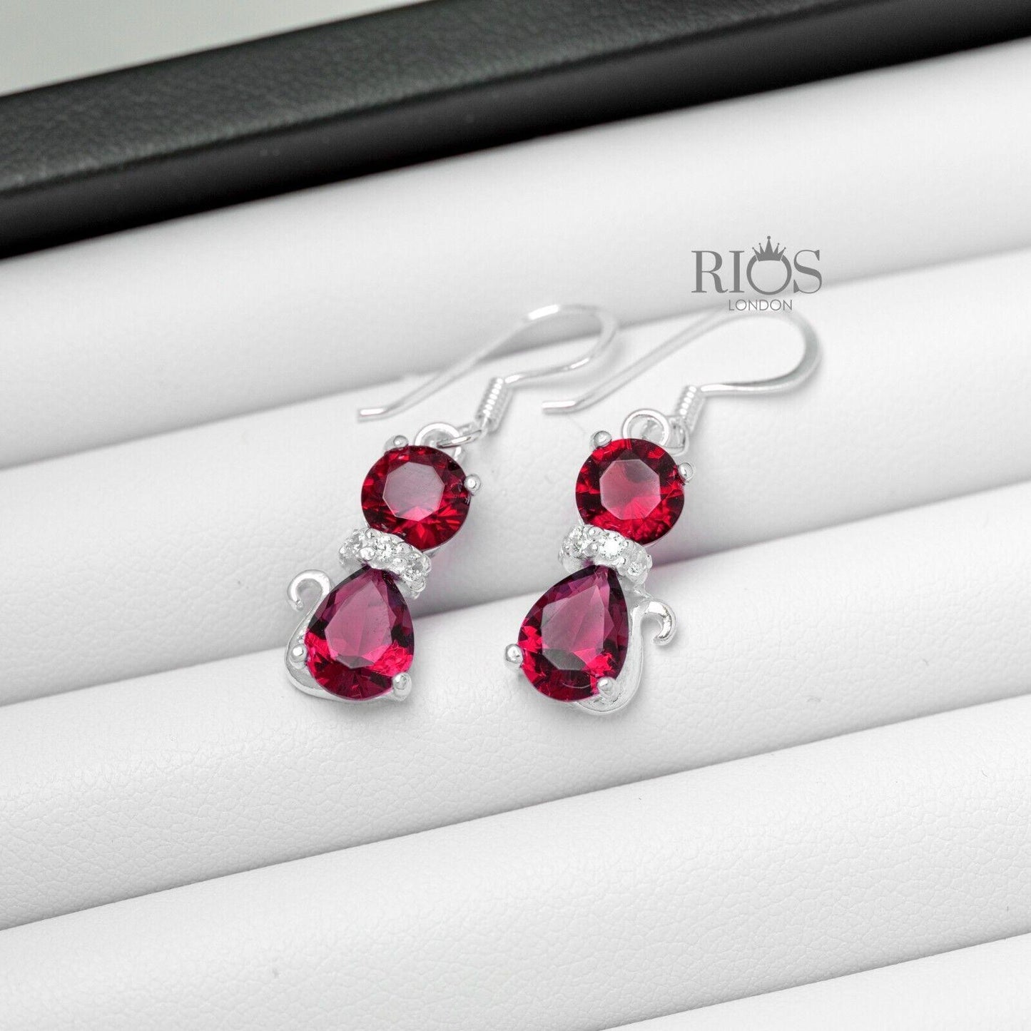 925 Sterling Silver Cat Red Garnet Lab-Created Gemstone Earrings Gift Boxed - Rios London