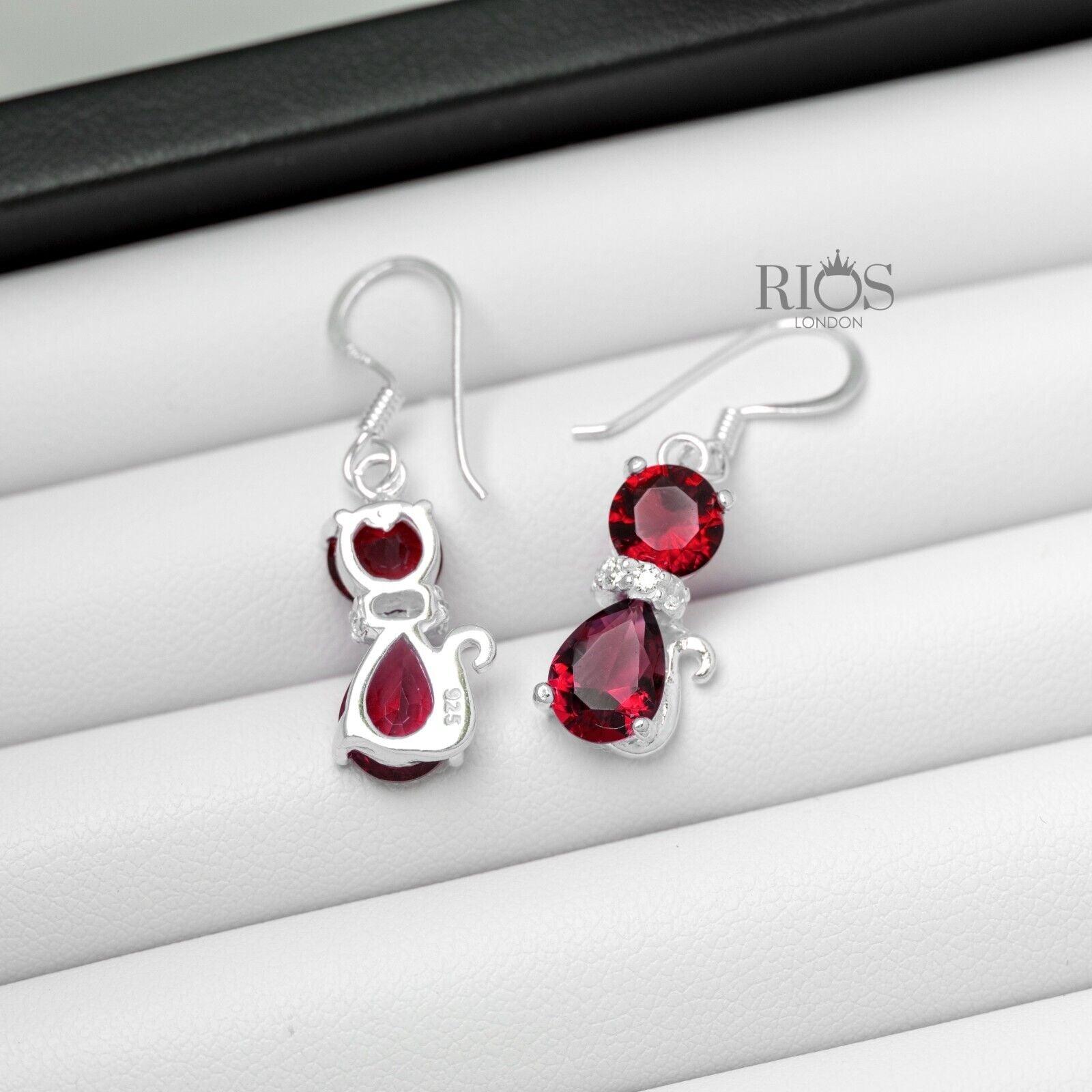925 Sterling Silver Cat Red Garnet Lab-Created Gemstone Earrings Gift Boxed - Rios London