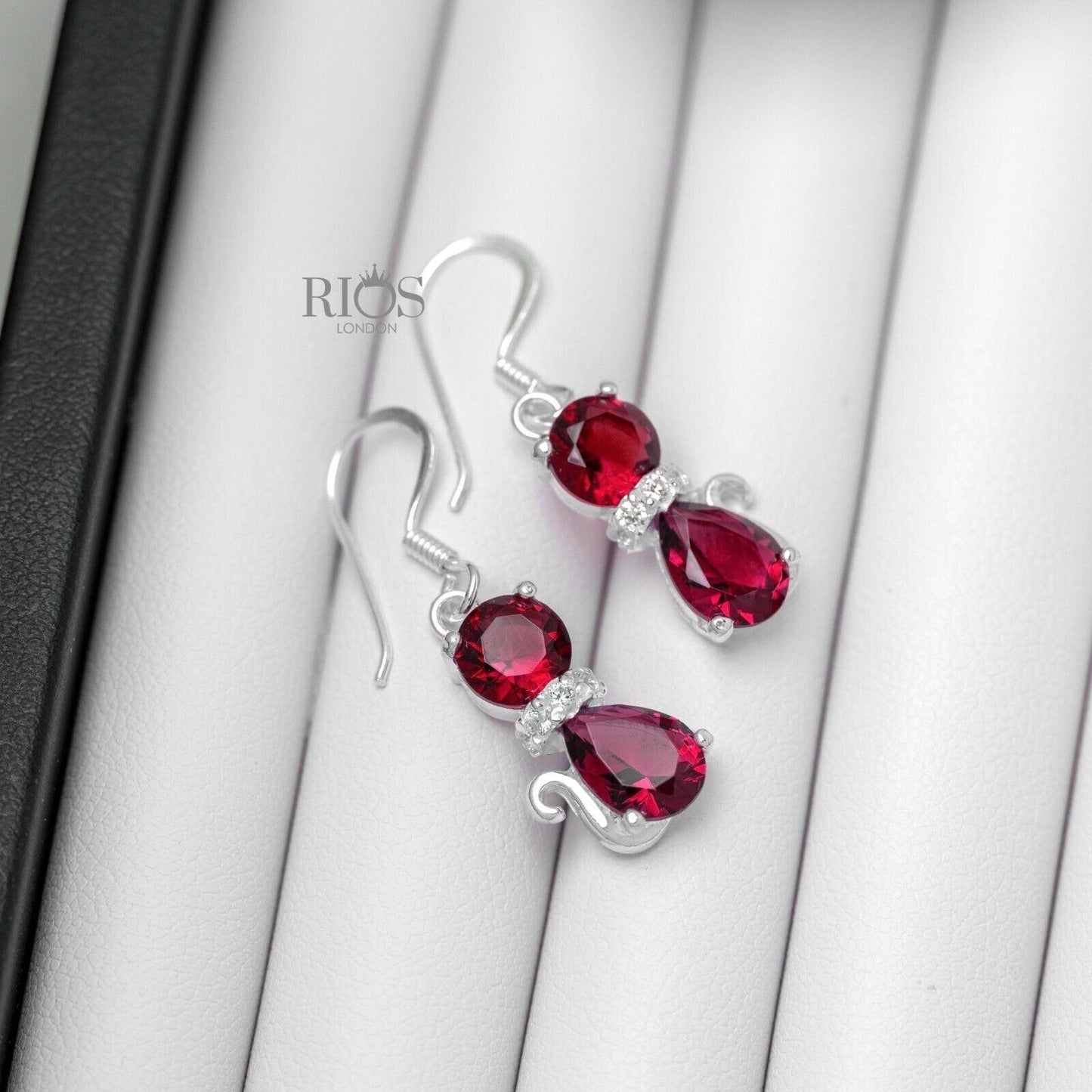 925 Sterling Silver Cat Red Garnet Lab-Created Gemstone Earrings Gift Boxed - Rios London