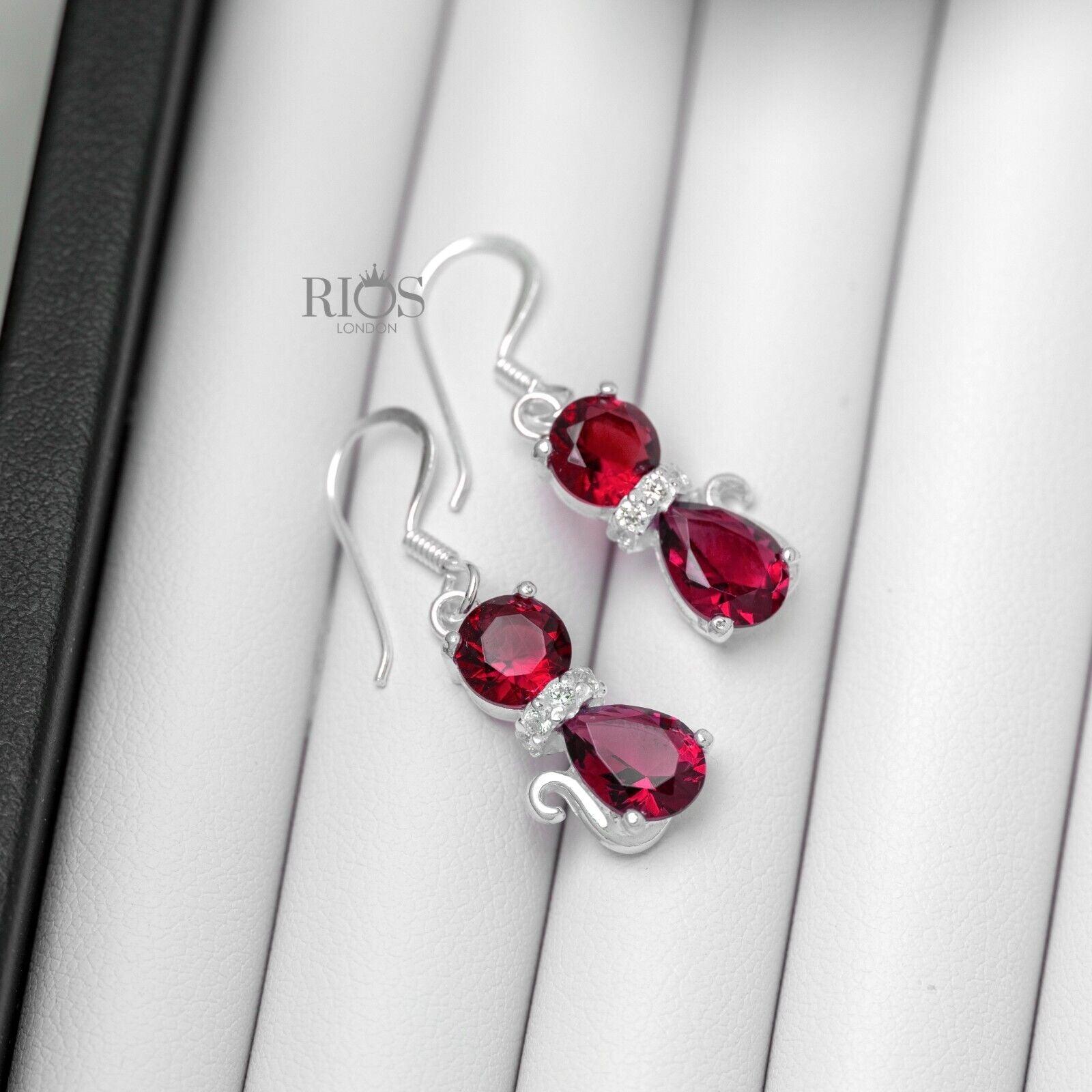 925 Sterling Silver Cat Red Garnet Lab-Created Gemstone Earrings Gift Boxed - Rios London