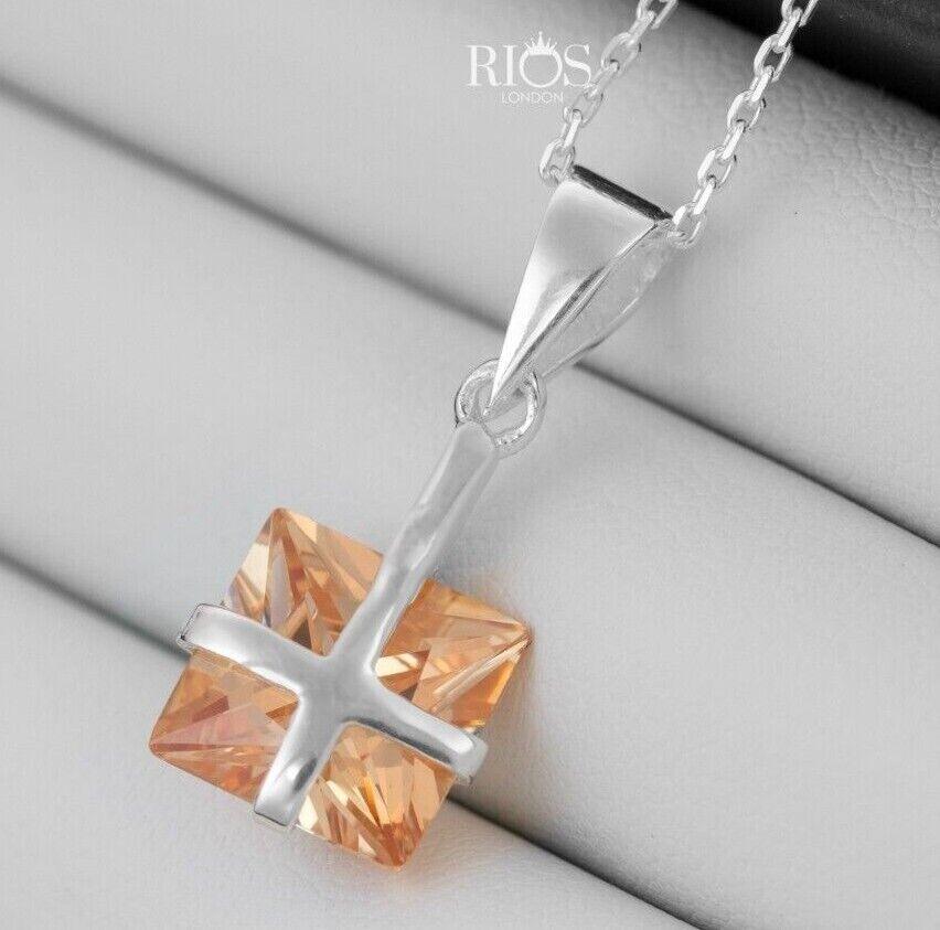 925 Sterling Silver Citrine Ribbon Design Necklace Lab-Created Gemstone Boxed