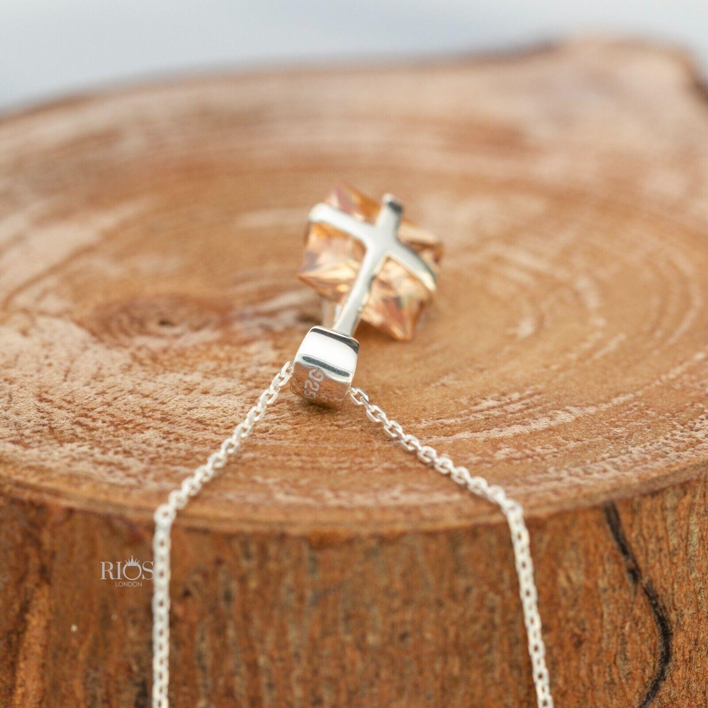 925 Sterling Silver Citrine Ribbon Design Necklace Lab-Created Gemstone Boxed