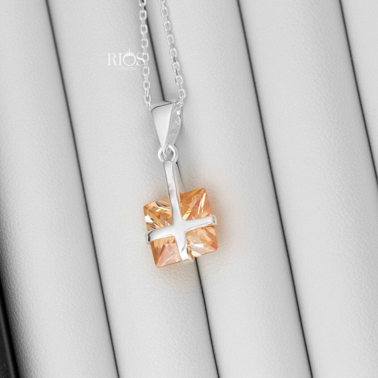 925 Sterling Silver Citrine Ribbon Design Necklace Lab-Created Gemstone Boxed