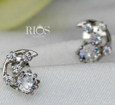 925 Sterling Silver Crescent Moon Star Cz Earrings Studs Gift Boxed - Rios London