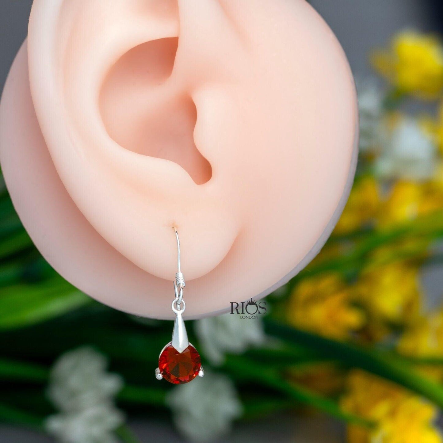 925 Sterling Silver Dangle Garnet Earrings Lab Created Red Gemstone Gift Boxed - Rios London