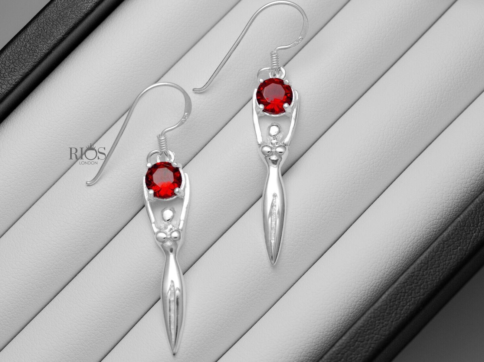 925 Sterling Silver Drop Dangle Lady Sculpture Garnet Lab-Created Earrings Boxed - Rios London