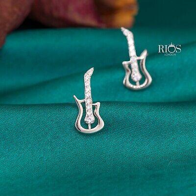 925 Sterling Silver Guitar Music Earrings cz Studs Gift Boxed - Rios London