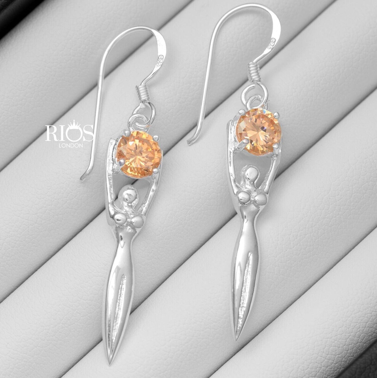 925 Sterling Silver Lady Sculpture Citrine Lab Created Earrings Gift Boxed - Rios London