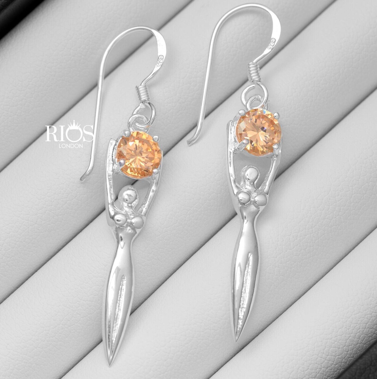 925 Sterling Silver Lady Sculpture Citrine Lab Created Earrings Gift Boxed - Rios London