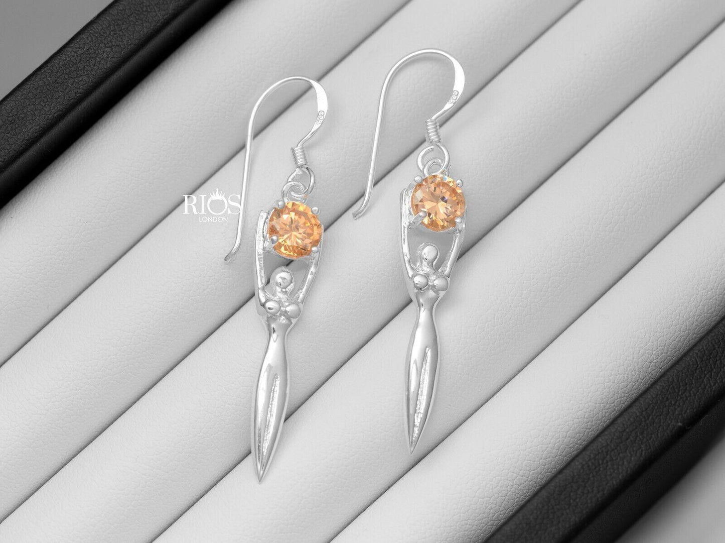 925 Sterling Silver Lady Sculpture Citrine Lab Created Earrings Gift Boxed - Rios London