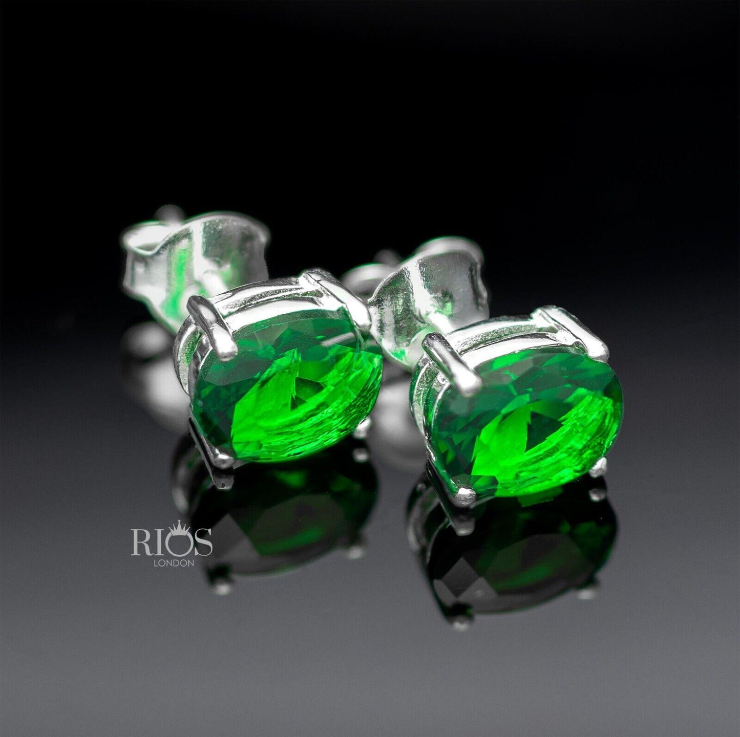 925 Sterling Silver Oval Push Back Emerald Green Lab-Created Earrings Stud Boxed - Rios London