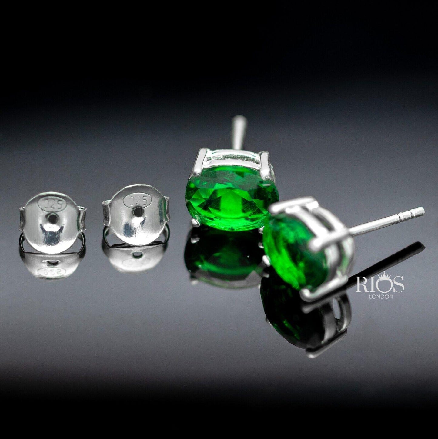 925 Sterling Silver Oval Push Back Emerald Green Lab-Created Earrings Stud Boxed - Rios London
