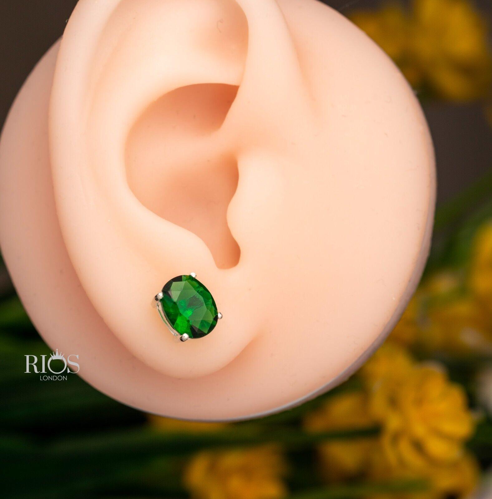 925 Sterling Silver Oval Push Back Emerald Green Lab-Created Earrings Stud Boxed - Rios London