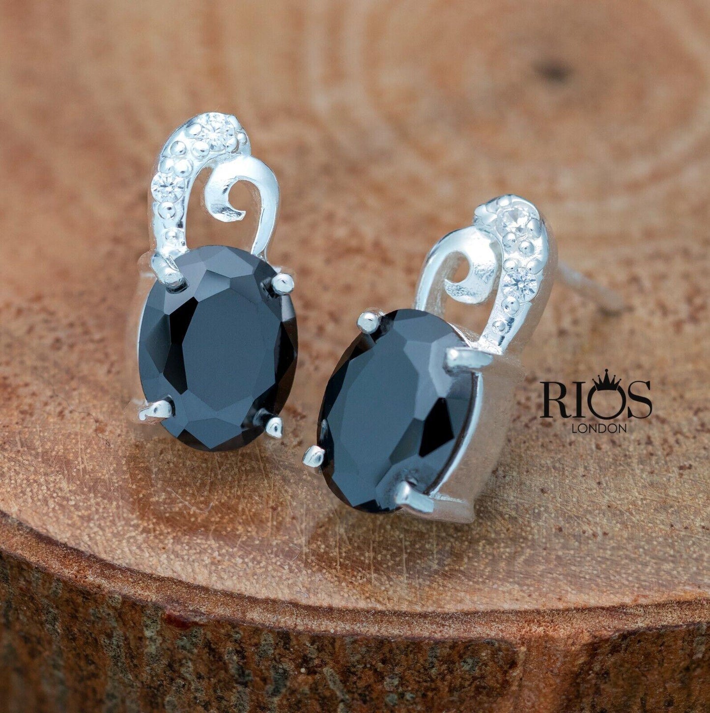 925 Sterling Silver Oval Push Back Onyx Lab-Created Earrings Studs Boxed - Rios London