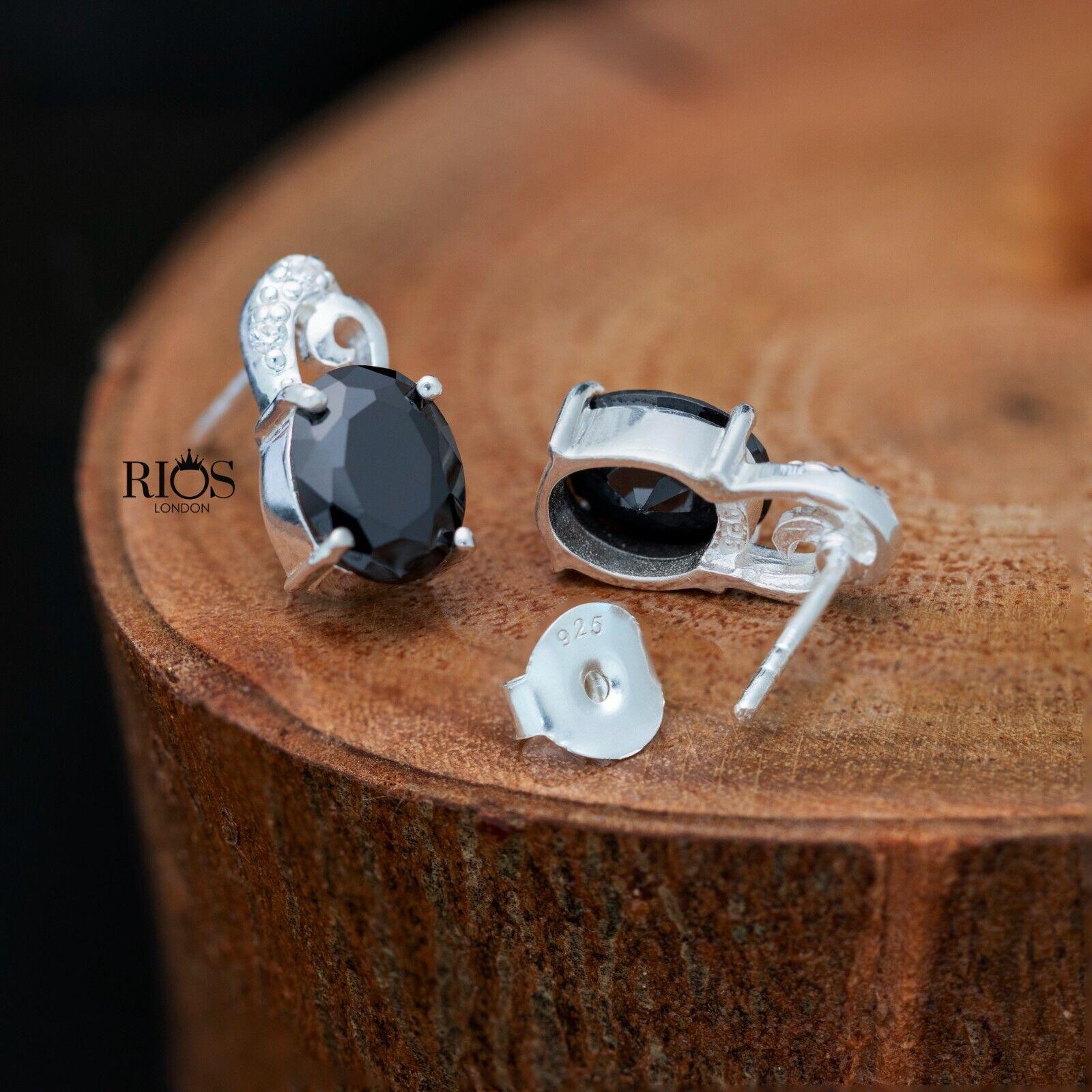 925 Sterling Silver Oval Push Back Onyx Lab-Created Earrings Studs Boxed - Rios London
