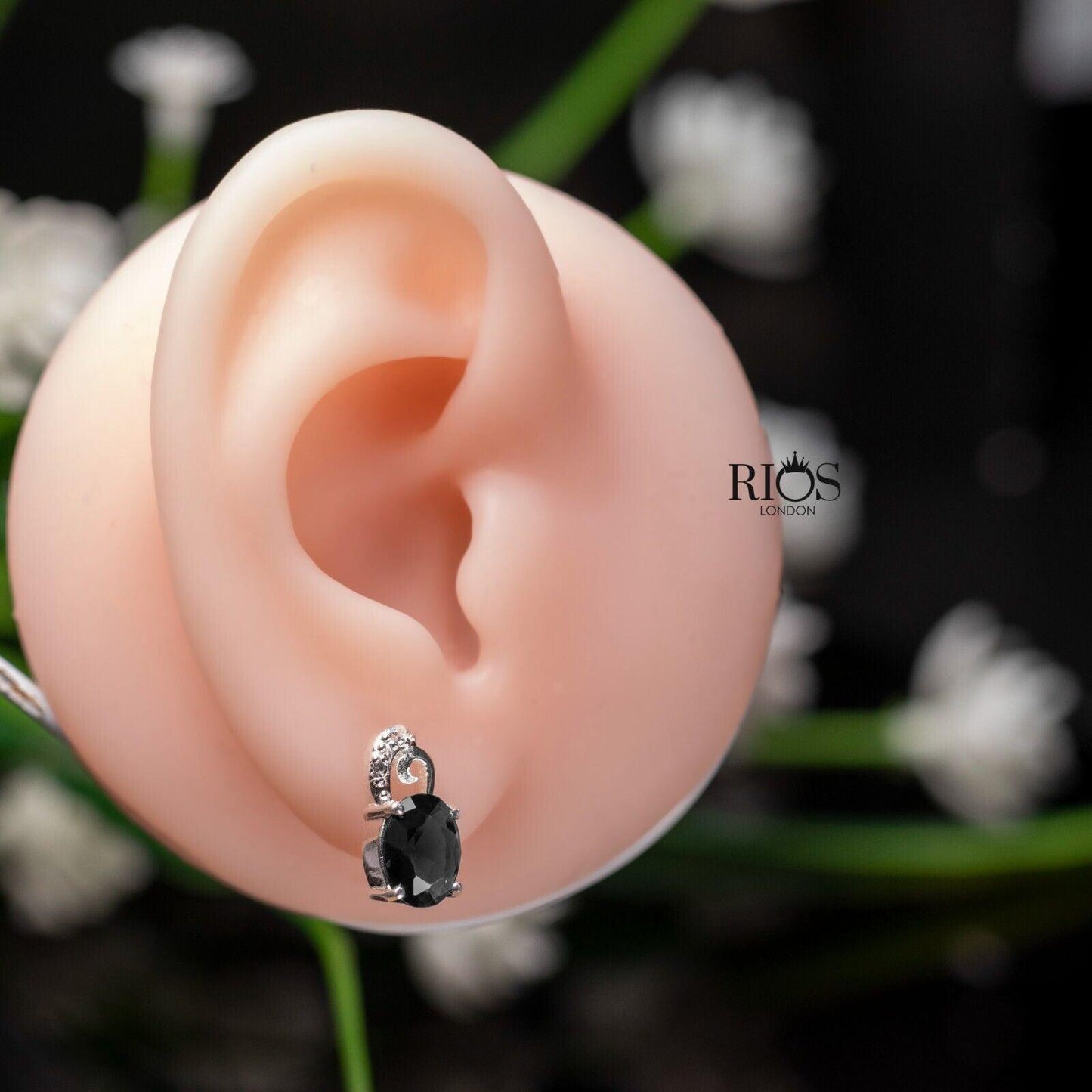 925 Sterling Silver Oval Push Back Onyx Lab-Created Earrings Studs Boxed - Rios London