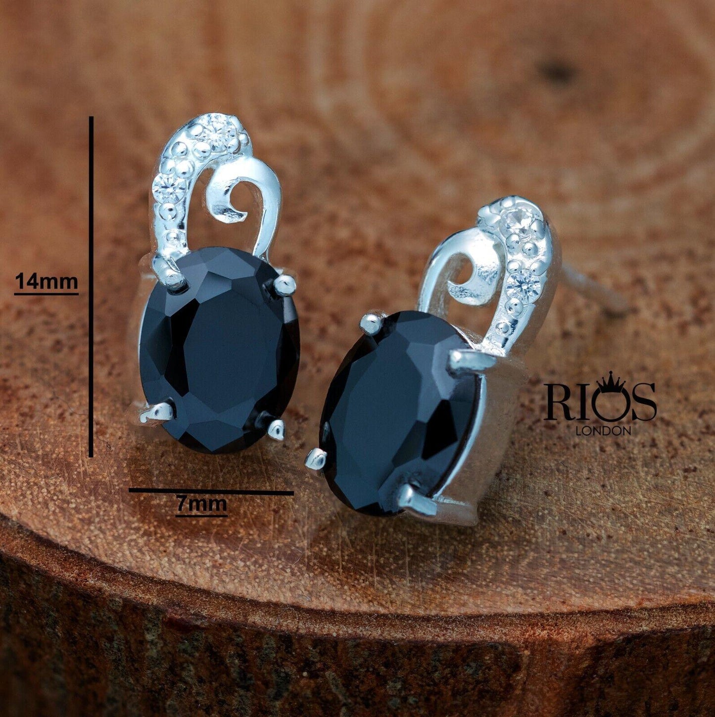 925 Sterling Silver Oval Push Back Onyx Lab-Created Earrings Studs Boxed - Rios London