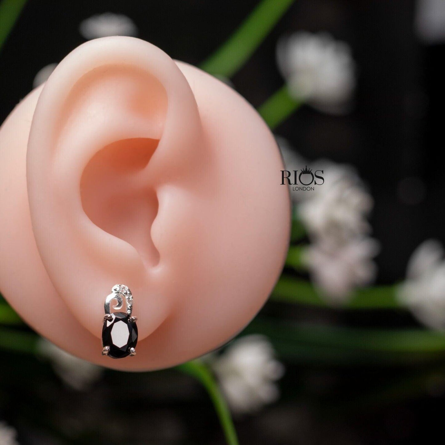 925 Sterling Silver Oval Push Back Onyx Lab-Created Earrings Studs Boxed - Rios London
